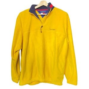 Vintage 90s Tommy Hilfiger Yellow Fleece Flag 1/4 Quarter Zip Pullover Mens L